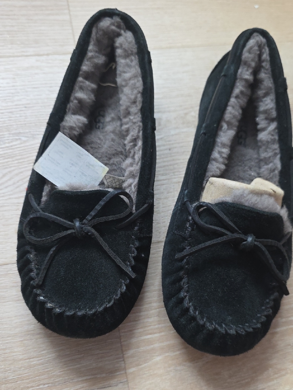 UGG Black Suede Shearling Lined Moccasin Slippers